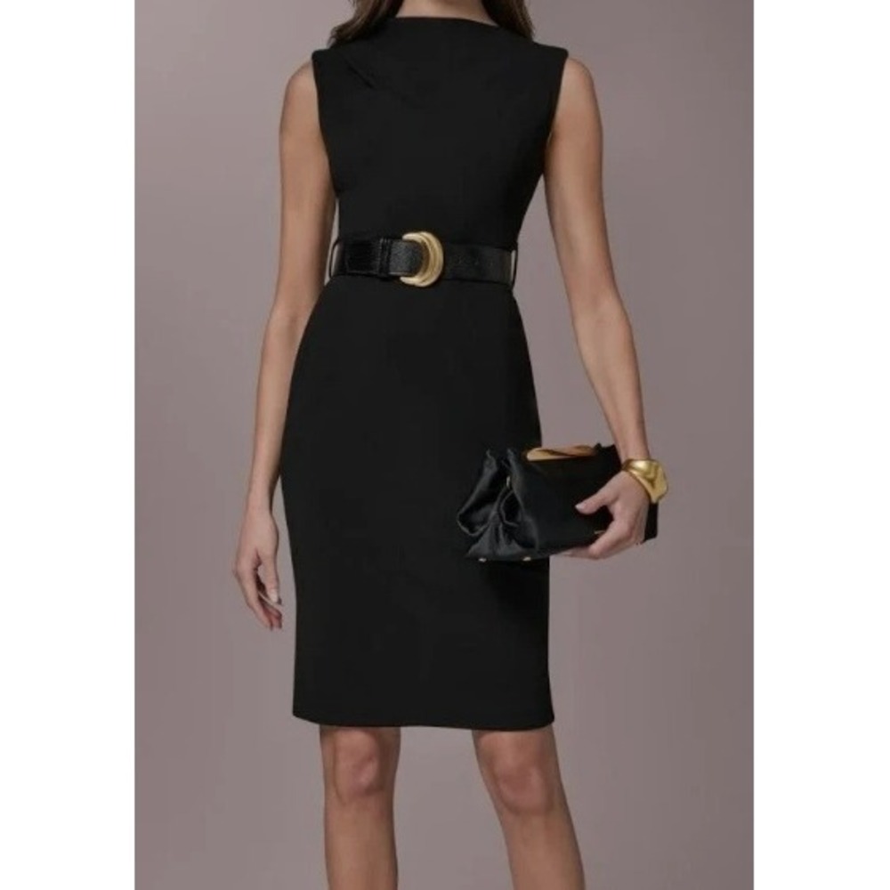 NWT Donna Karan NY Sheath Dress Draped Mock Neck Belted Black Minimalist Size 2